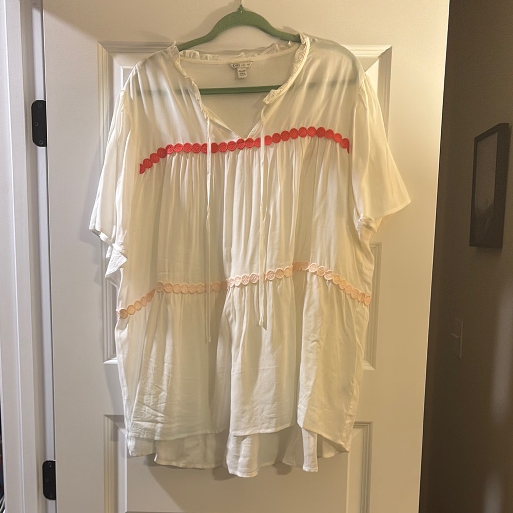 Cato White and Red Flutter Sleeve Tunic